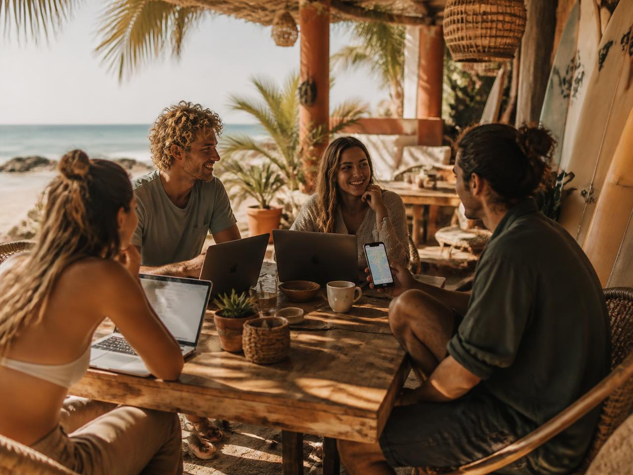 Digital nomads meeting over coffee and laptops at a beach cafe, one checking the radar map on their phone